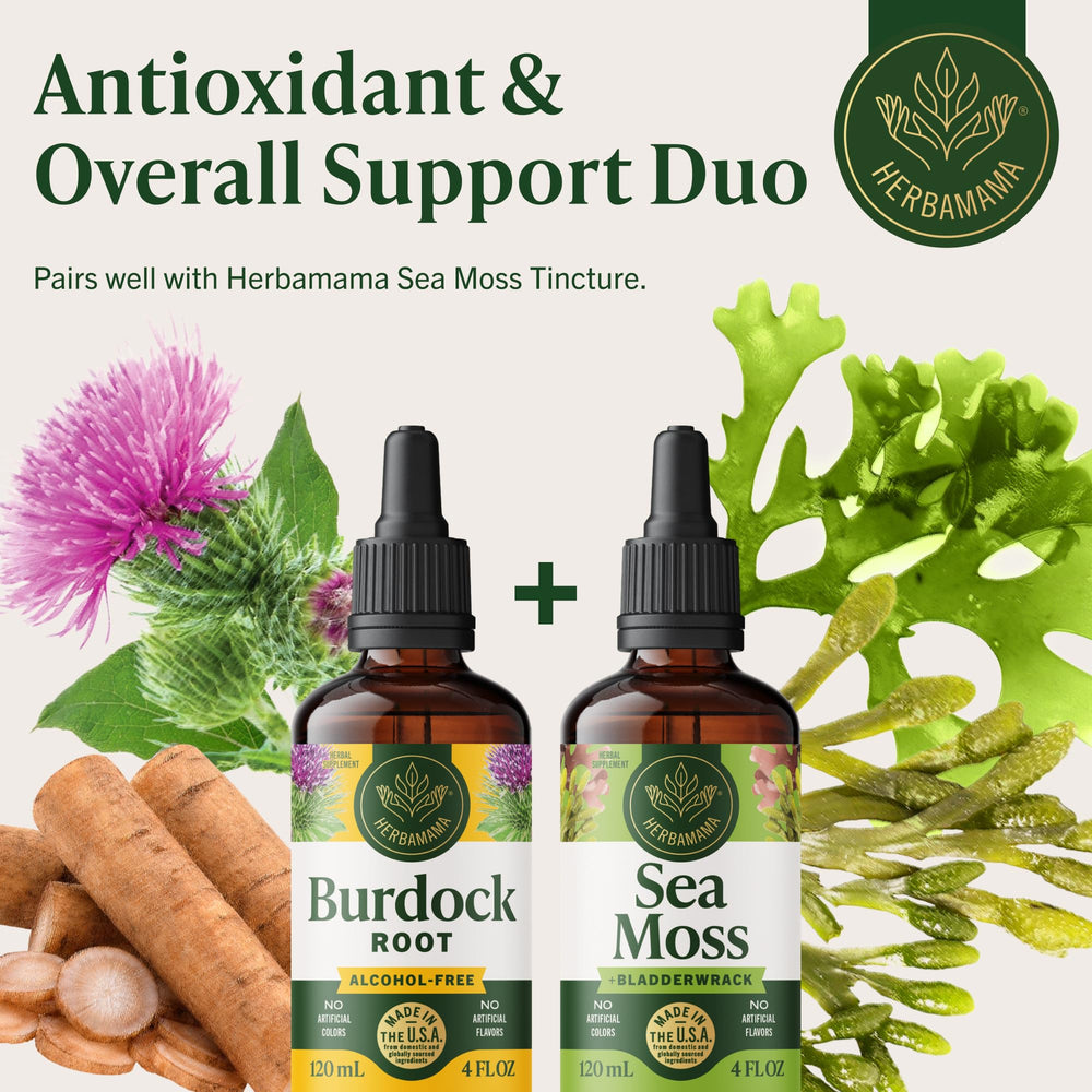 HERBAMAMA Burdock Root Tincture beside a juice glass for versatile daily use.