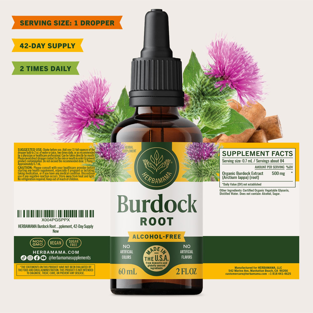 HERBAMAMA Burdock tincture drops ready for daily routine.