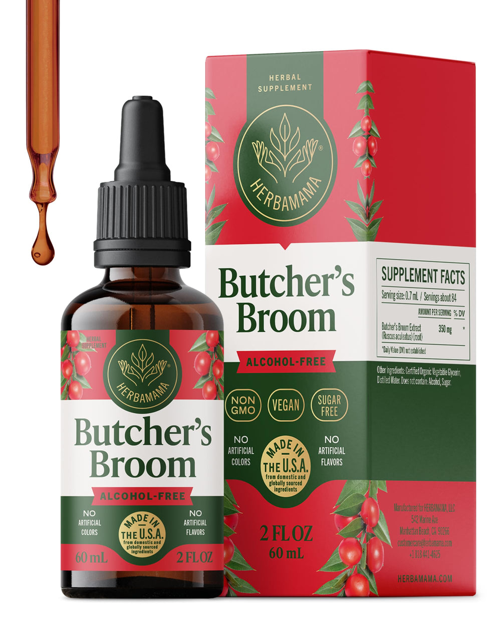HERBAMAMA Butcher's Broom Root Tincture bottle highlighting vegan leg support benefits
