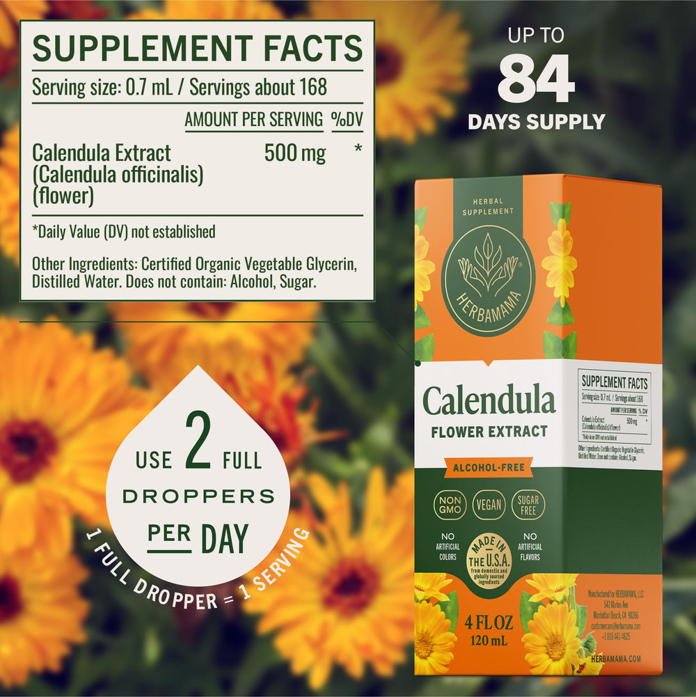 HERBAMAMA Calendula tincture in glass with water for easy mixing.