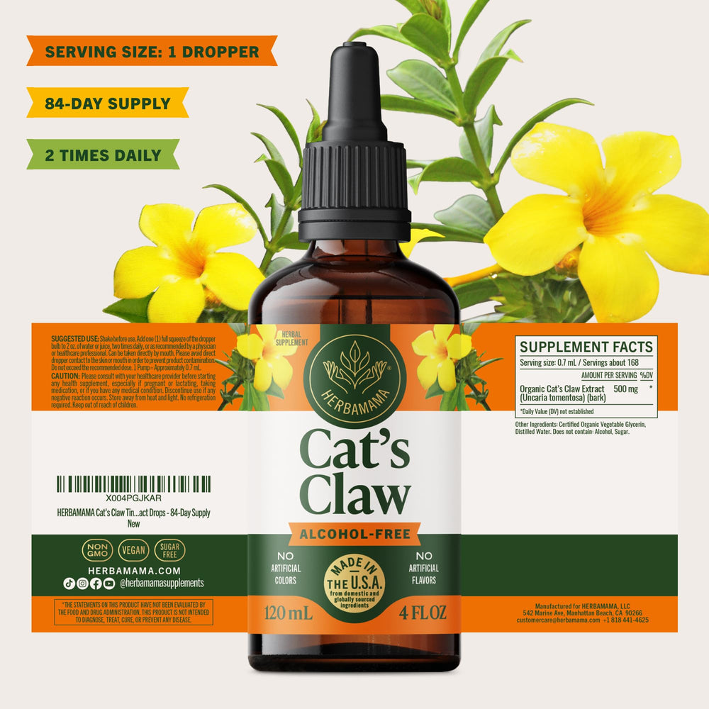 HERBAMAMA Cat's Claw tincture packaging box and bottle.