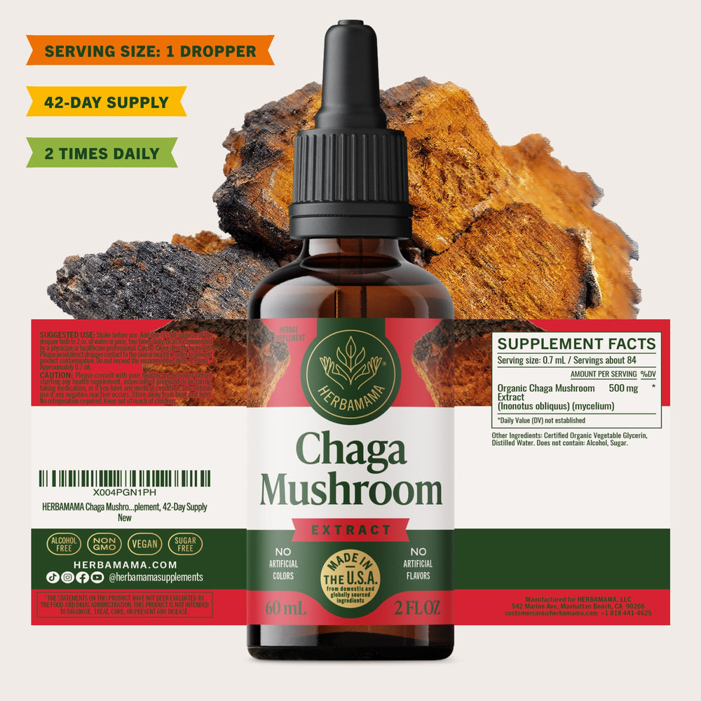 HERBAMAMA chaga dose guidance for twice-daily use.
