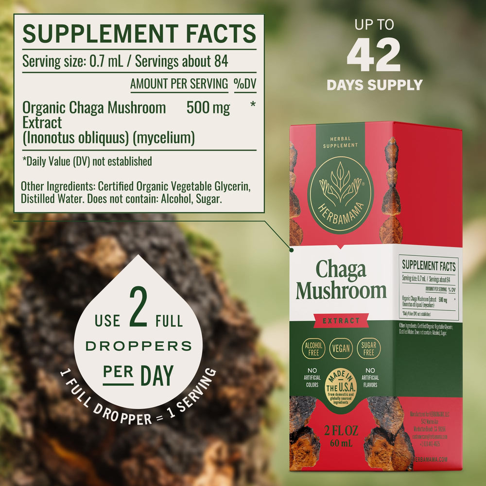 HERBAMAMA chaga tincture dropper captures quick absorption and convenience.
