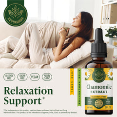 HERBAMAMA Chamomile tincture amber bottle close-up emphasizing natural calm support.