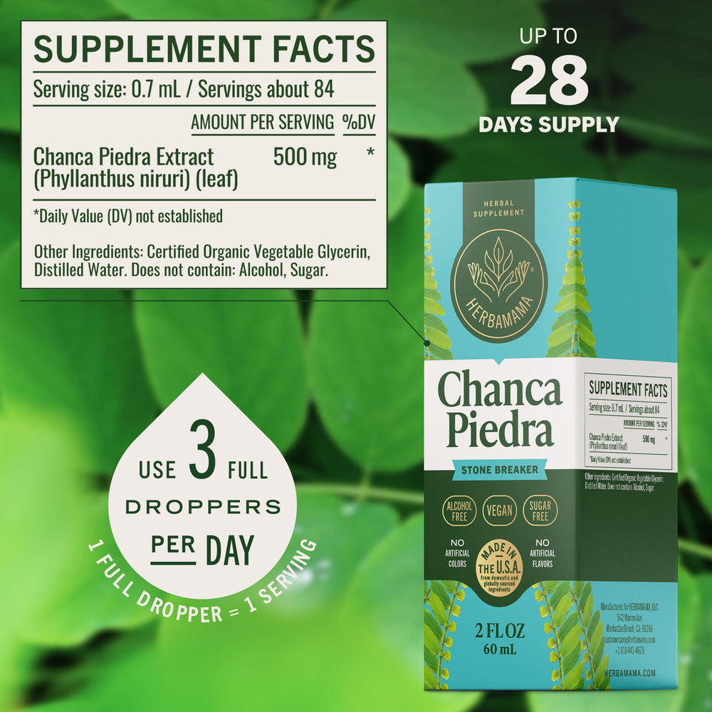 Herbamama Chanca Piedra label front showing vegan non-GMO tincture.