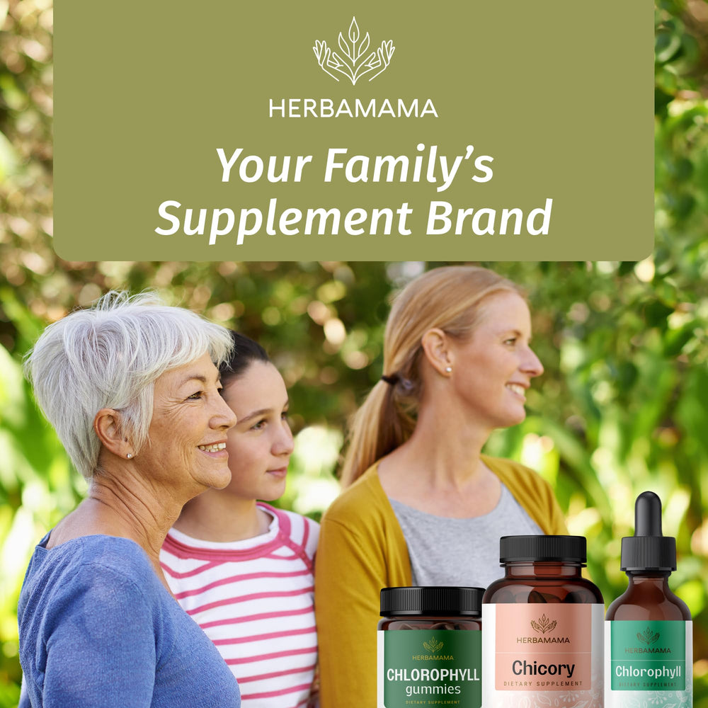 HERBAMAMA chicory root fiber capsules on travel bag for on-the-go routine