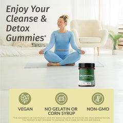 HERBAMAMA Chlorophyll Detox Gummies label highlights vegan and non-GMO ingredients