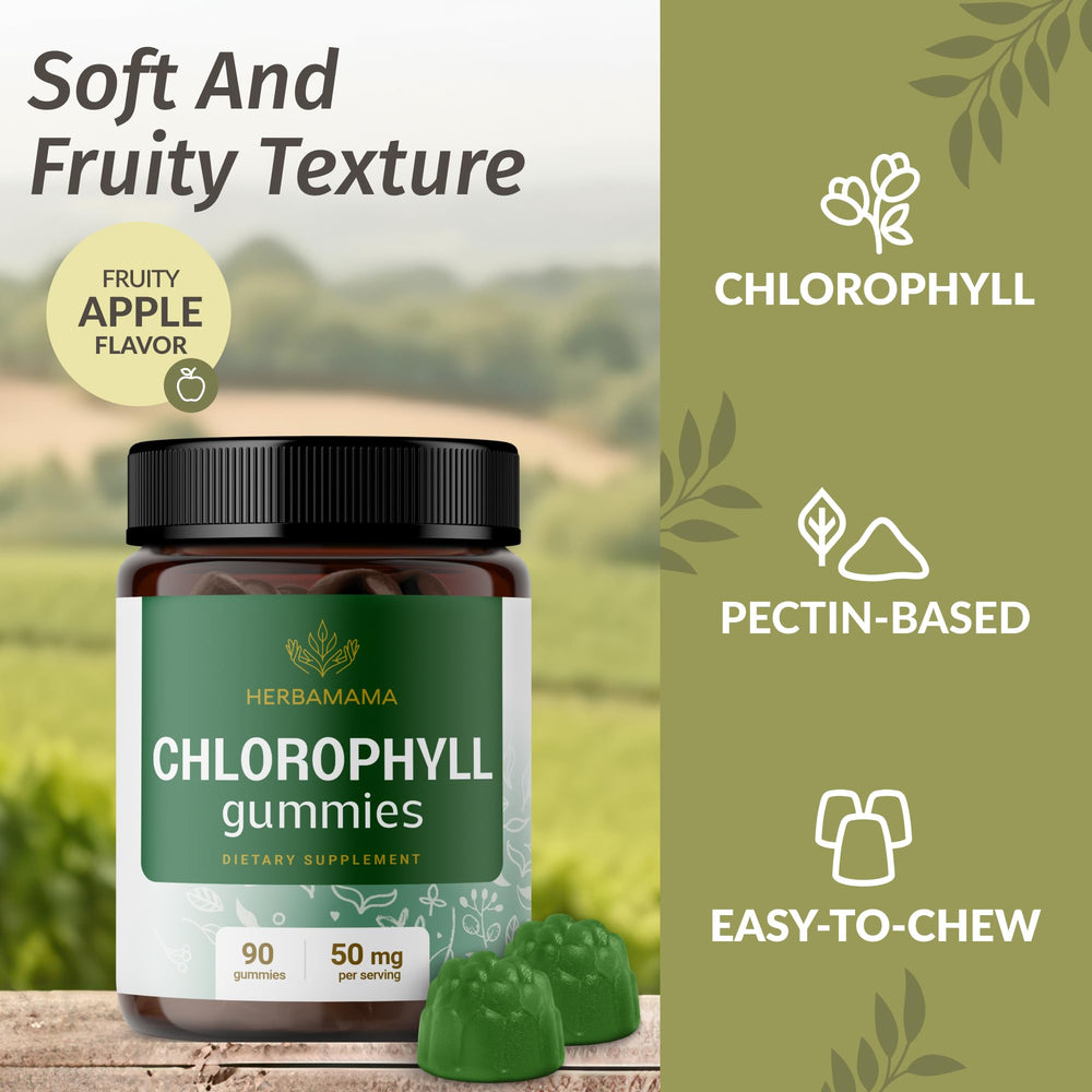Close-up of HERBAMAMA Chlorophyll Detox Gummies showing soft juicy texture