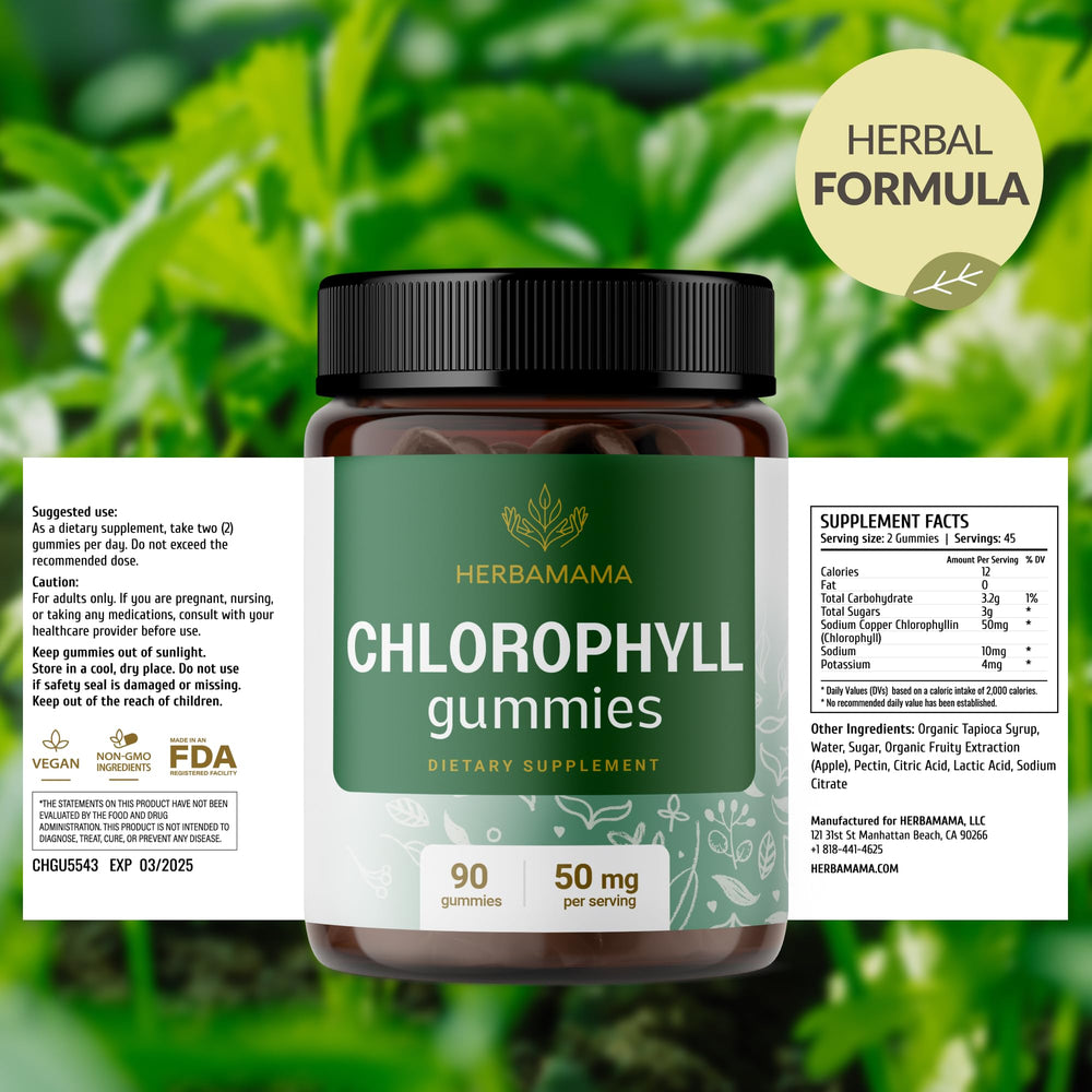 HERBAMAMA Chlorophyll Detox Gummies vegan and non-GMO packaging emphasis