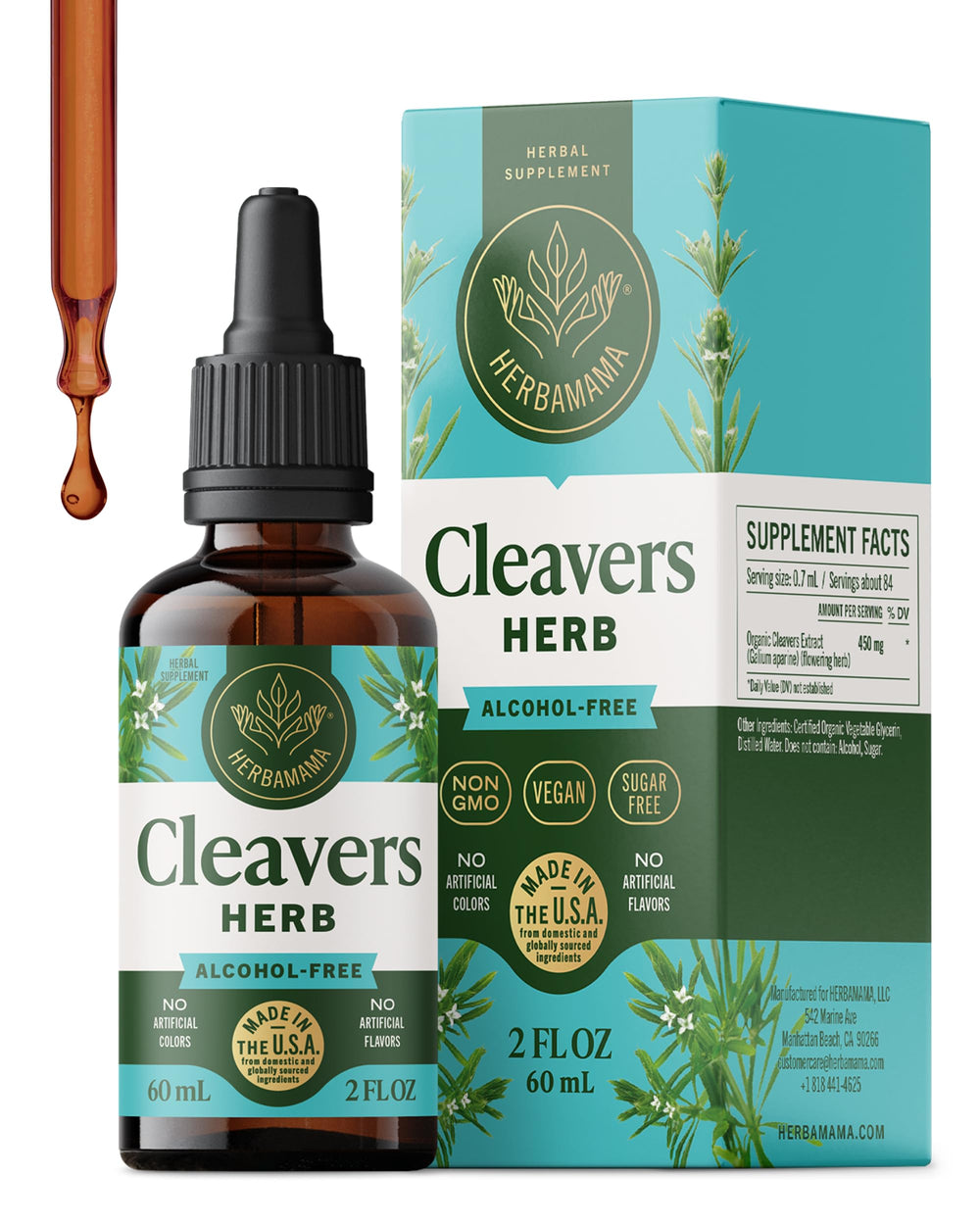 Herbamama Cleavers tincture bottle — vegan, alcohol-free formula for gentle cleansing support.
