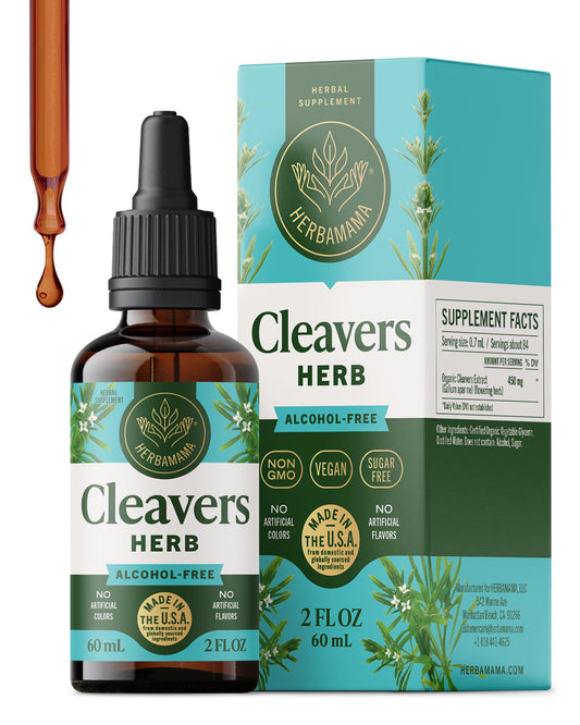 Herbamama Cleavers tincture bottle — vegan, alcohol-free formula for gentle cleansing support.