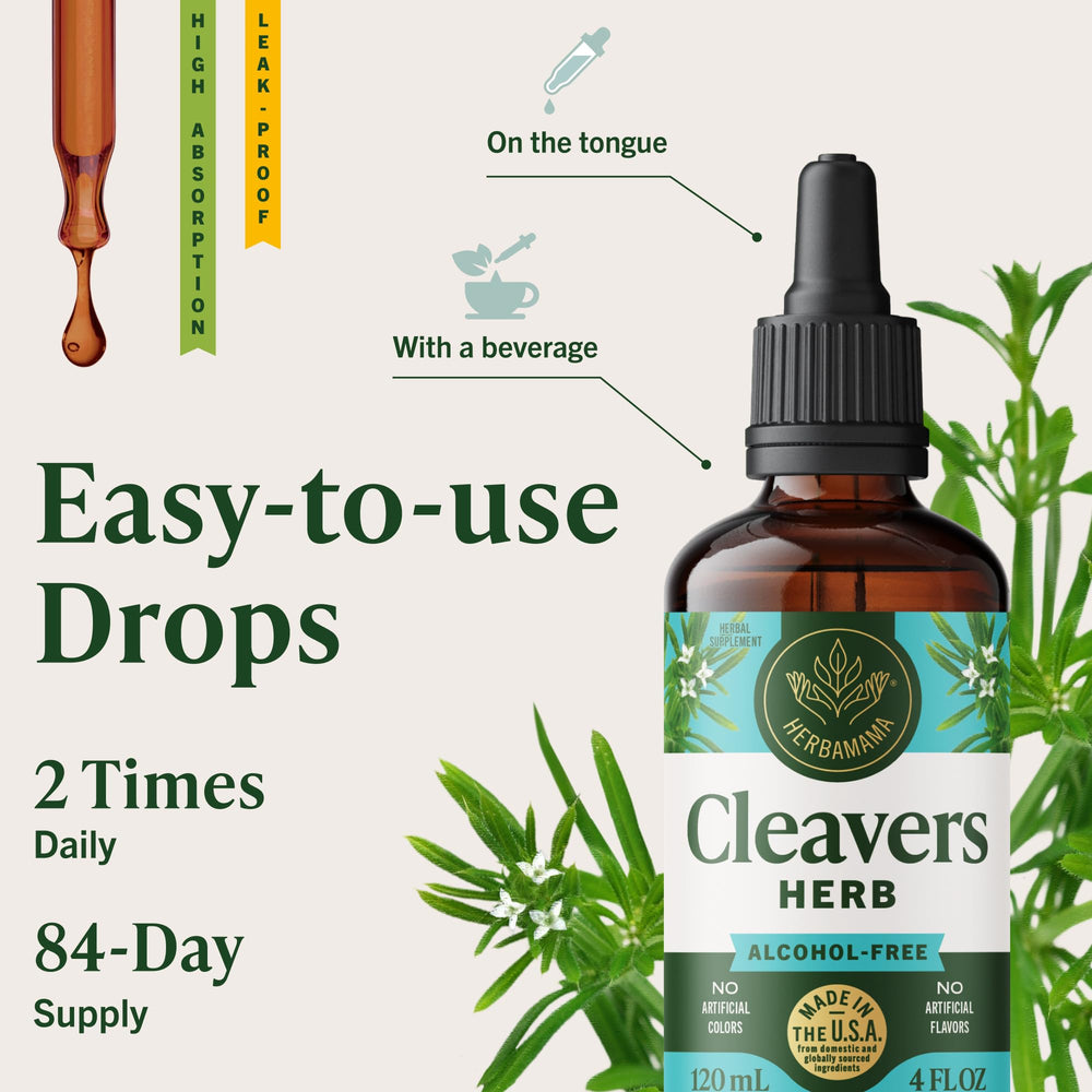 Herbamama Cleavers tincture ingredients emphasizing vegan formula.