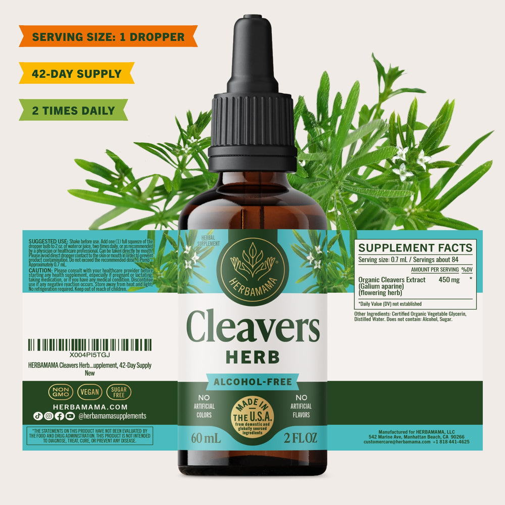 Herbamama Cleavers tincture vegan and non-GMO badge visible.