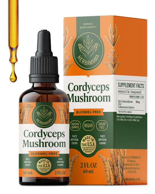 HERBAMAMA Cordyceps tincture bottle shows vegan immune support in a clean formula