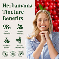 Herbamama Cranberry tincture bottle beside water glass for daily use.