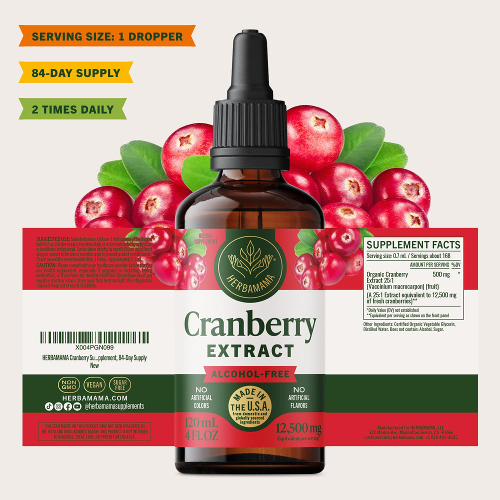 Herbamama Cranberry supplement packaging displayed for trust and clarity.