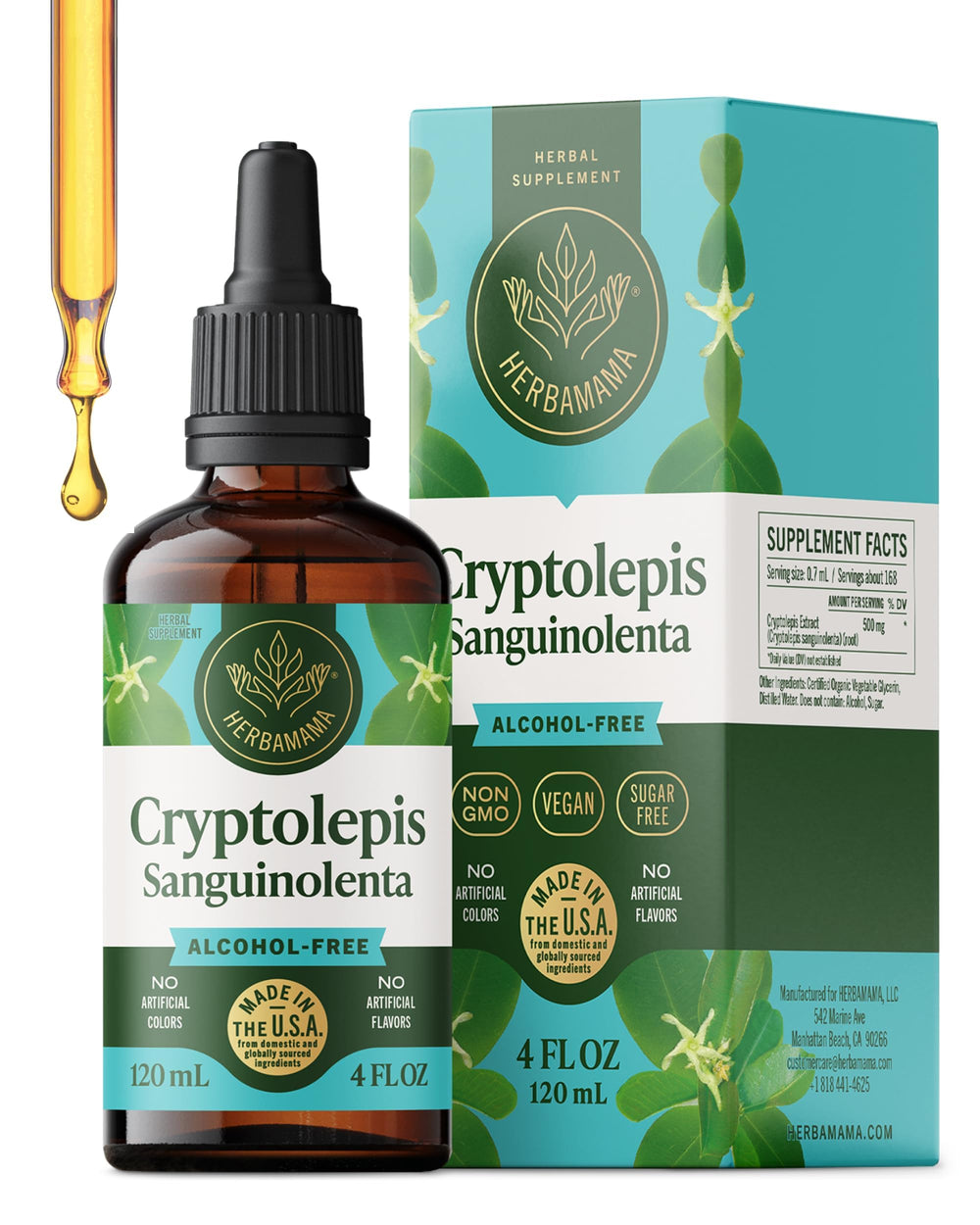HERBAMAMA Cryptolepis tincture bottle emphasizes vegan, non-GMO immune support formula