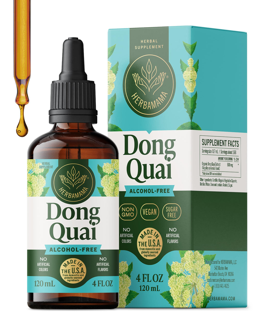 HERBAMAMA Dong Quai drops bottle emphasizes daily mood support.