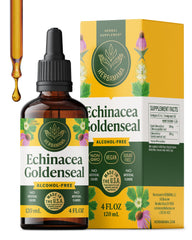 HERBAMAMA echinacea-goldenseal tincture bottle shows vegan, alcohol-free immune support.