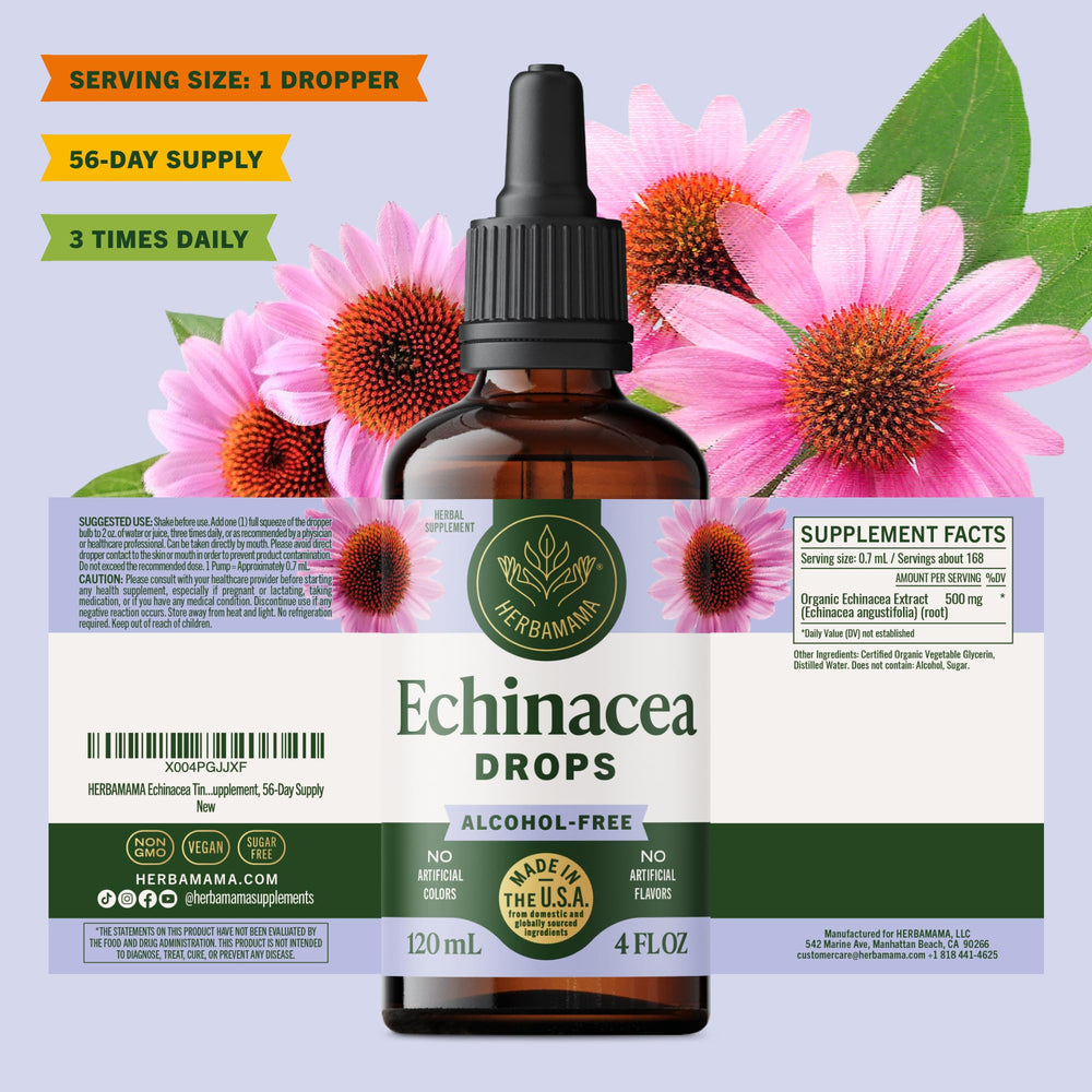 Herbamama Echinacea tincture being added to a drink for daily use