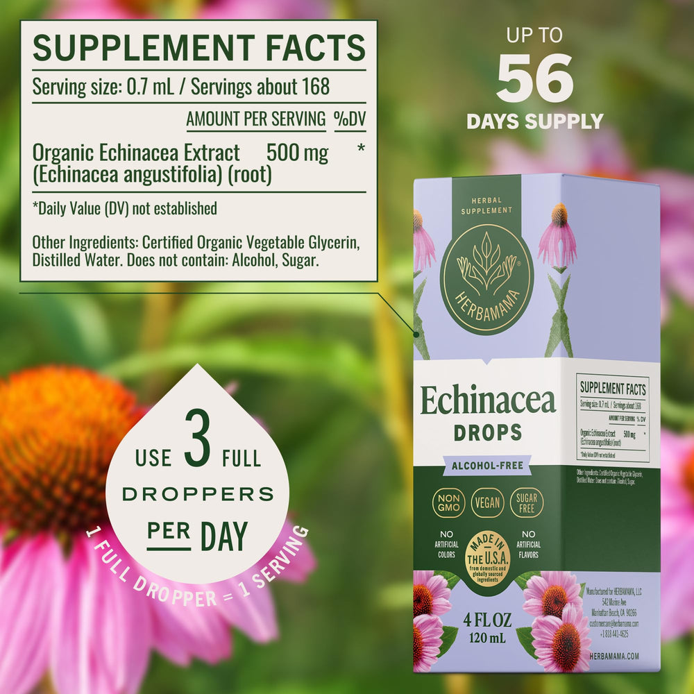Herbamama Echinacea tincture bottle poured into a glass of water for easy mixing