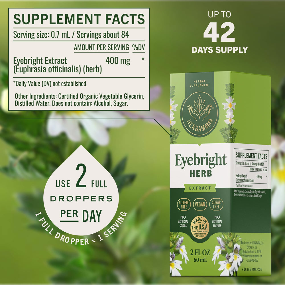 HERBAMAMA Eyebright dropper prepared for a quick two-dose daily routine.