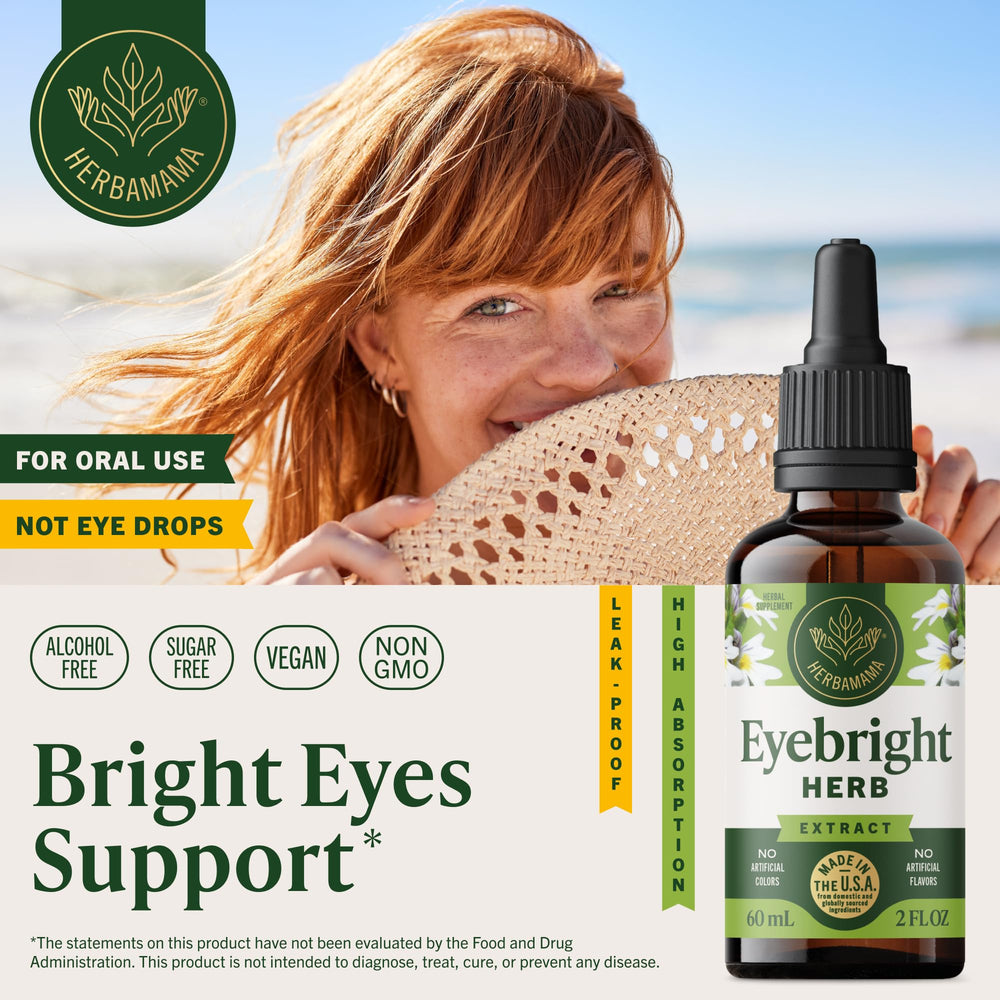 Close-up of HERBAMAMA Eyebright label highlighting non-GMO, alcohol-free formula.