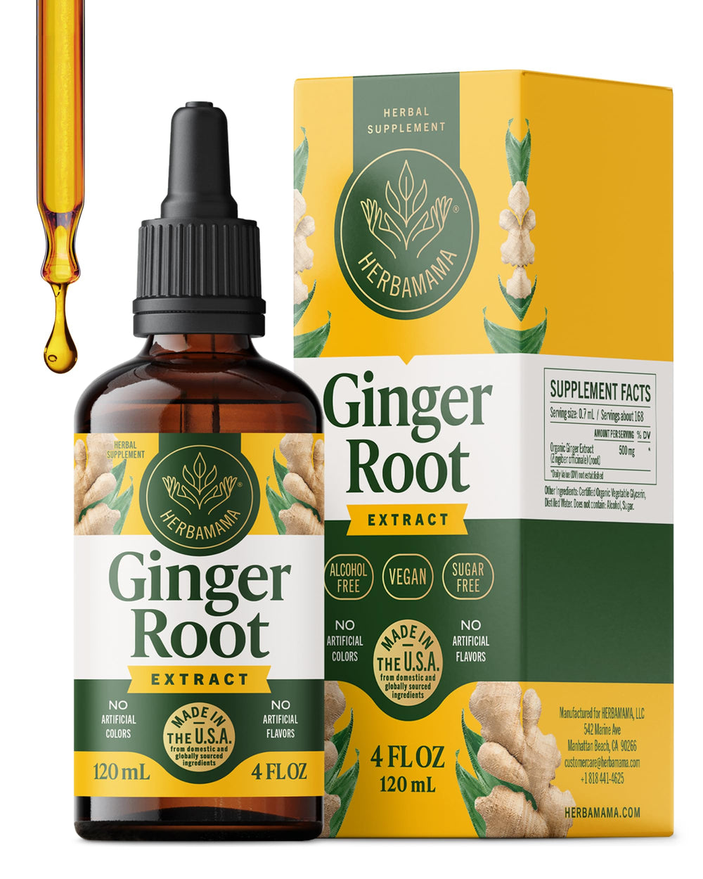 HERBAMAMA Ginger Drops bottle showing a vegan ginger tincture for daily digestion support.