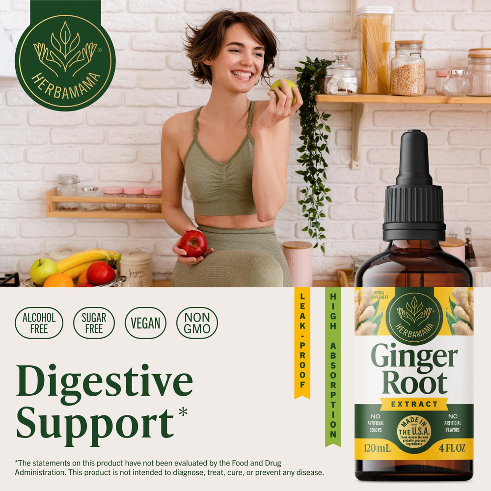 HERBAMAMA Ginger Drops dropper ready to measure precise serving for antioxidant support.