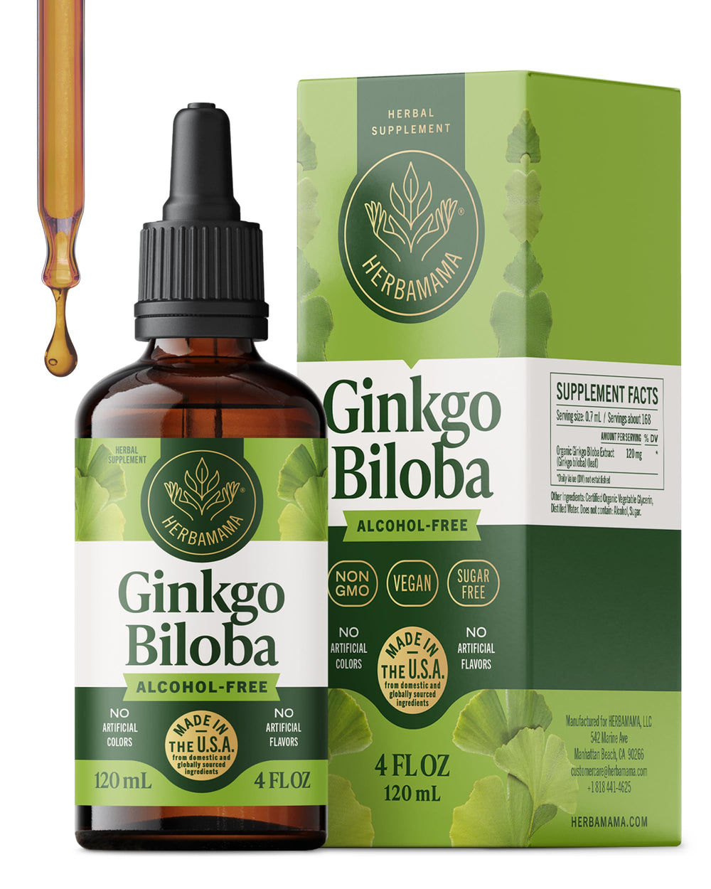 HERBAMAMA Ginkgo Biloba tincture bottle indicating brain support and vegan non GMO formula