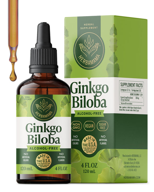 HERBAMAMA Ginkgo Biloba tincture bottle indicating brain support and vegan non GMO formula