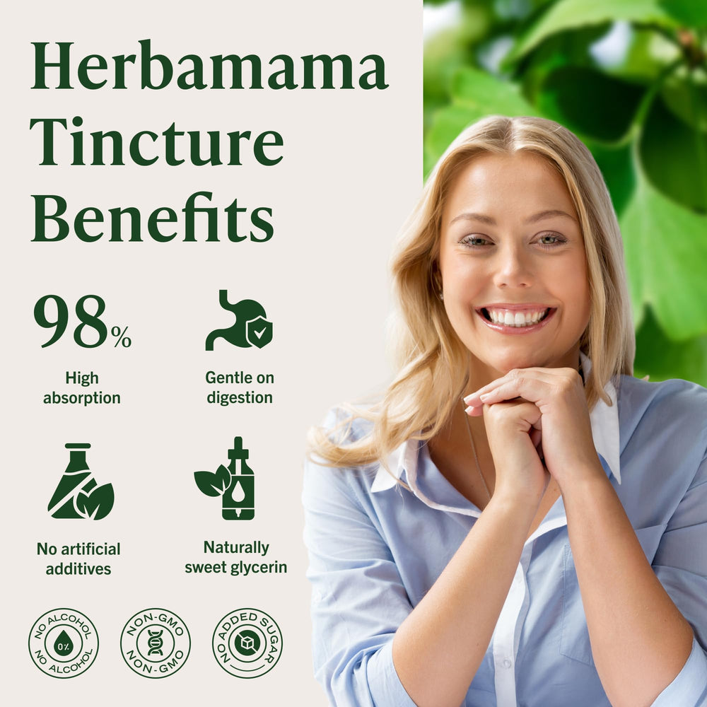 HERBAMAMA Ginkgo Biloba tincture vegan formula highlighting alcohol- and sugar-free ingredients