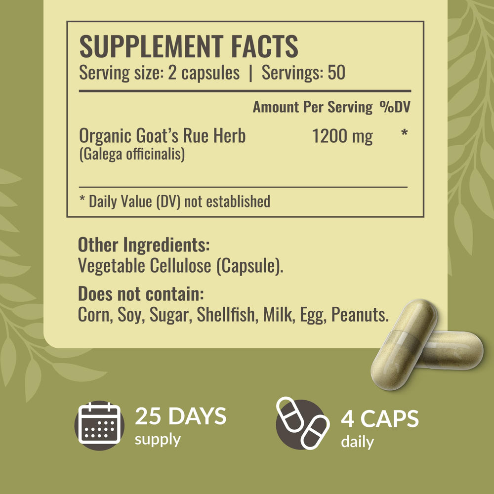 HERBAMAMA Goat's Rue Capsules packaging and label showcase non-GMO, vegetarian formula.