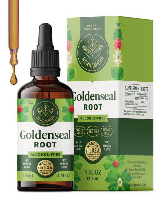 Herbamama Goldenseal bottle front, vegan tincture for daily immune support.