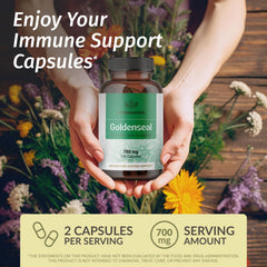 Closeup of HERBAMAMA Goldenseal Root Capsules ready for daily use