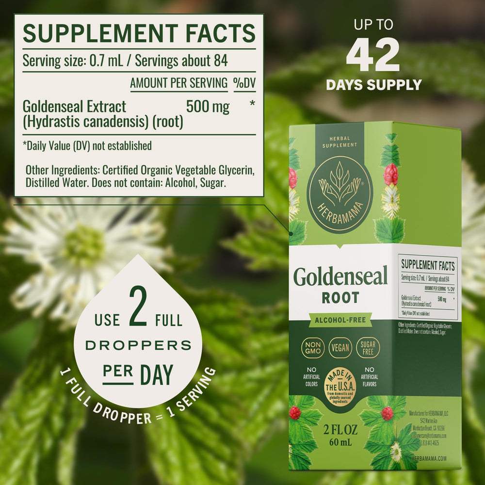 Herbamama Goldenseal root illustration emphasizing natural extract quality