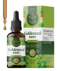 Herbamama Goldenseal tincture bottle on a shelf highlighting vegan, alcohol-free support