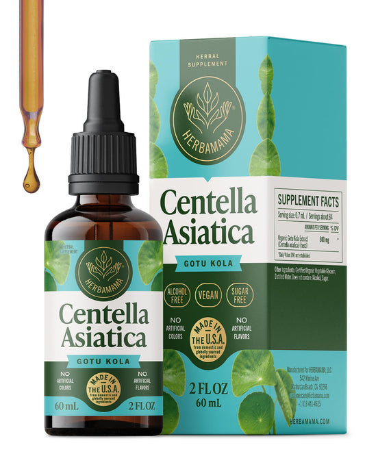 Herbamama Gotu Kola tincture bottle highlights vegan, non-GMO brain support.