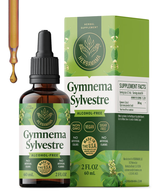 HERBAMAMA Gymnema Drops bottle shown with vegan, sugar-free formula for daily wellness.