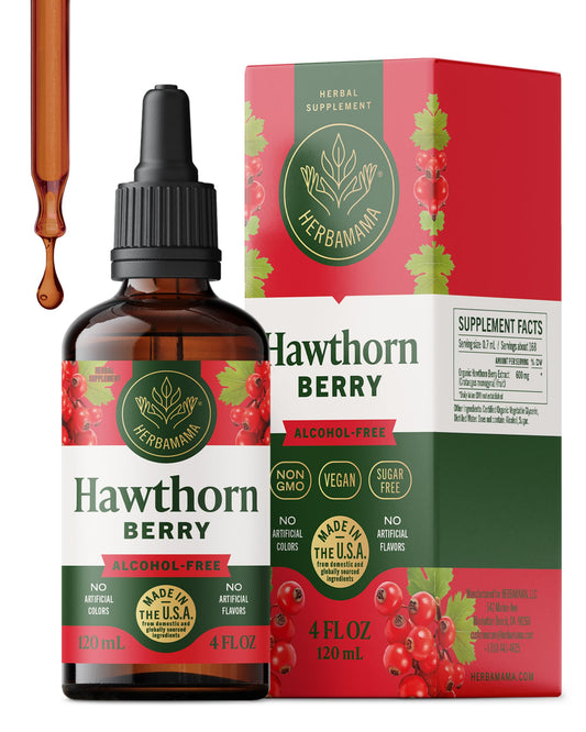HERBAMAMA Hawthorn Drops bottle on counter highlighting vegan antioxidant support