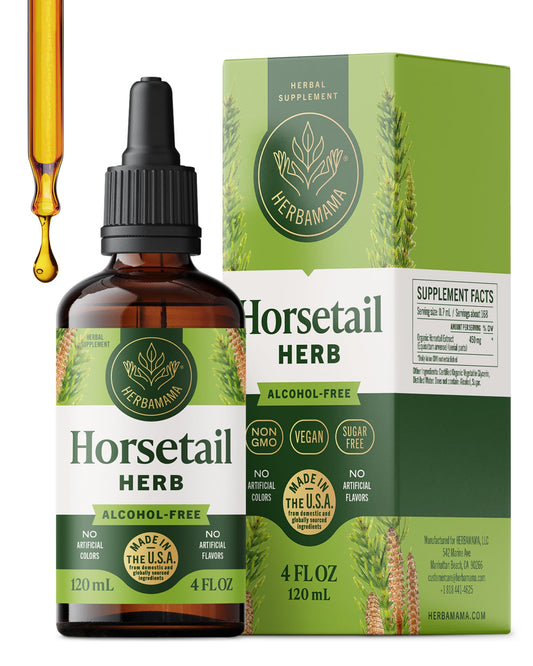 HERBAMAMA Horsetail Drops bottle for daily beauty routine.