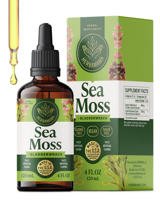 HERBAMAMA Irish Sea Moss drops bottle—vegan daily wellness support.