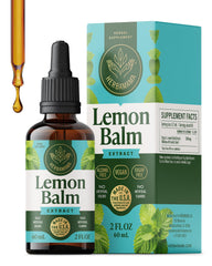 HERBAMAMA Lemon Balm tincture bottle highlights vegan and sugar free calm support