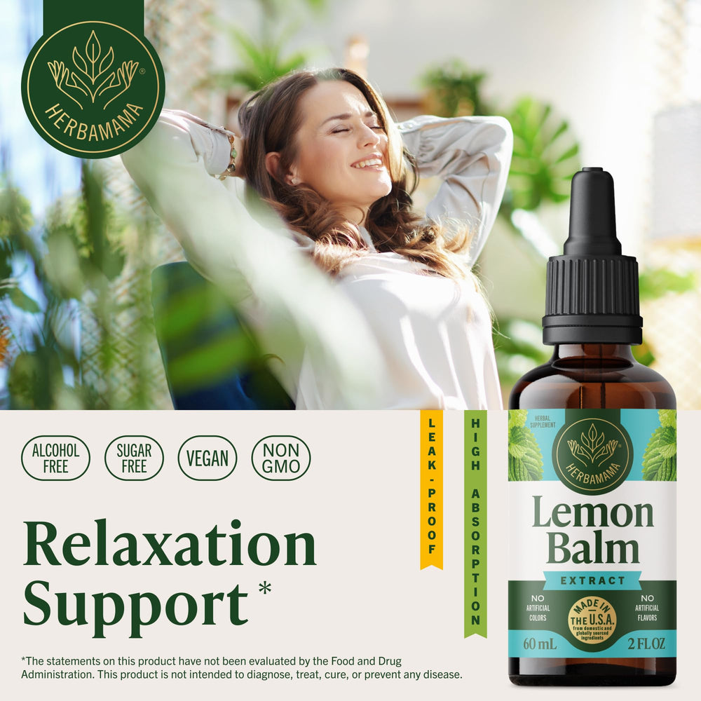HERBAMAMA Lemon Balm tincture dropper shows convenient dosing for quick use