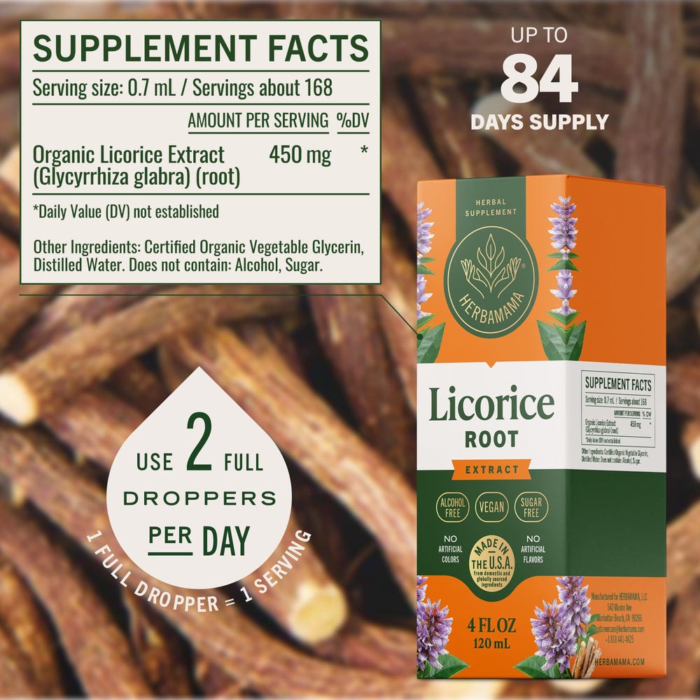 HERBAMAMA licorice root drops tincture being poured into a glass demonstrates convenient use