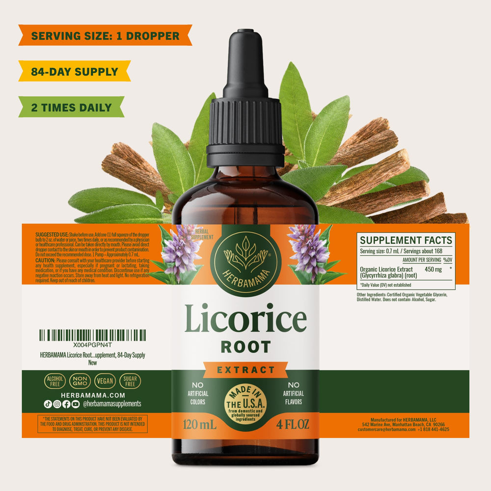 HERBAMAMA licorice root drops packaging on display communicates vegan alcohol free design