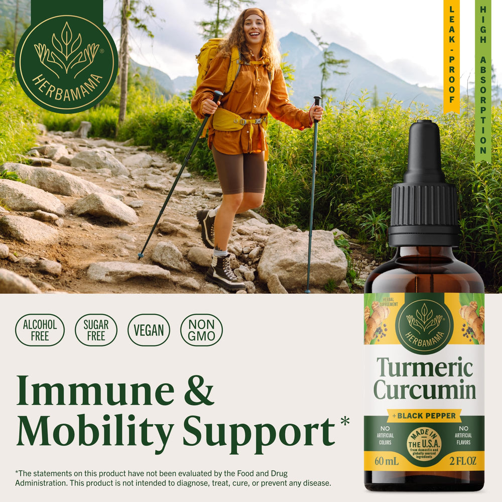 HERBAMAMA Turmeric Drops dropper close-up highlighting fast absorption with black pepper.