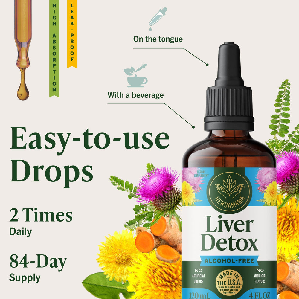 HERBAMAMA Liver Detox Drops bottle on kitchen counter for daily routine.