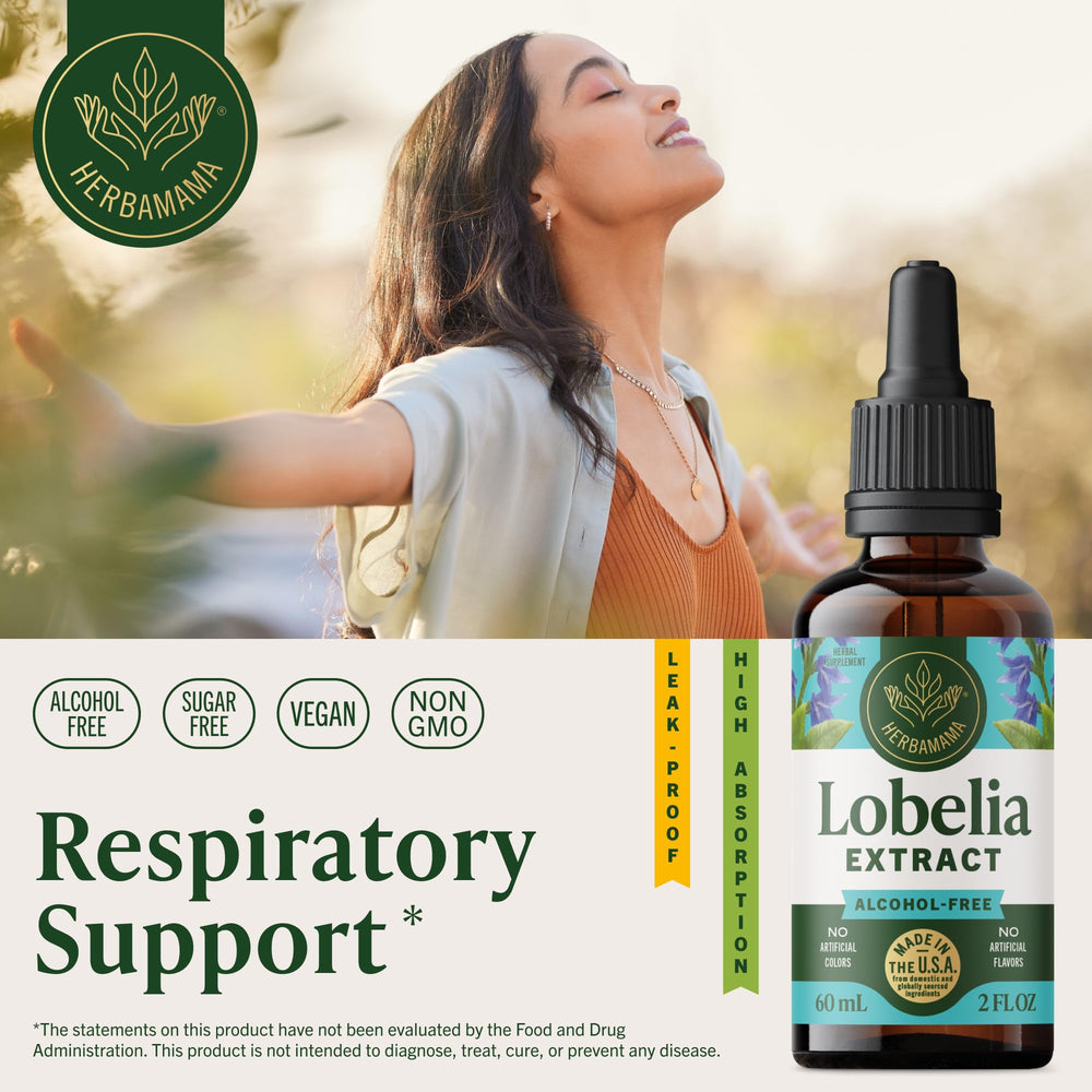 HERBAMAMA Lobelia tincture dropper shown for easy dose under tongue.