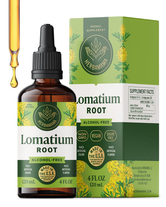 HERBAMAMA Lomatium tincture bottle prepared for daily lung support.
